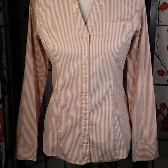 Express Essential Stretch Long Sleeved Shirt w/ Shades of Pink Pinstripes, Small - Picture 2 of 6